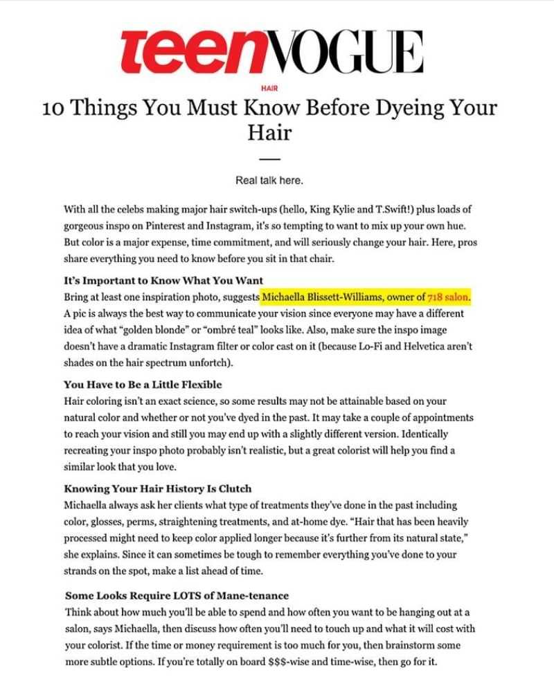 Teen Vogue article on tips for dyeing hair, including choosing colors and knowing your hair type.