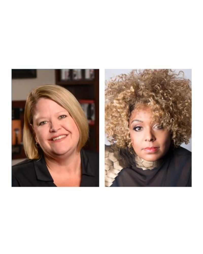 Two women side by side, both smiling at the camera against neutral backgrounds.