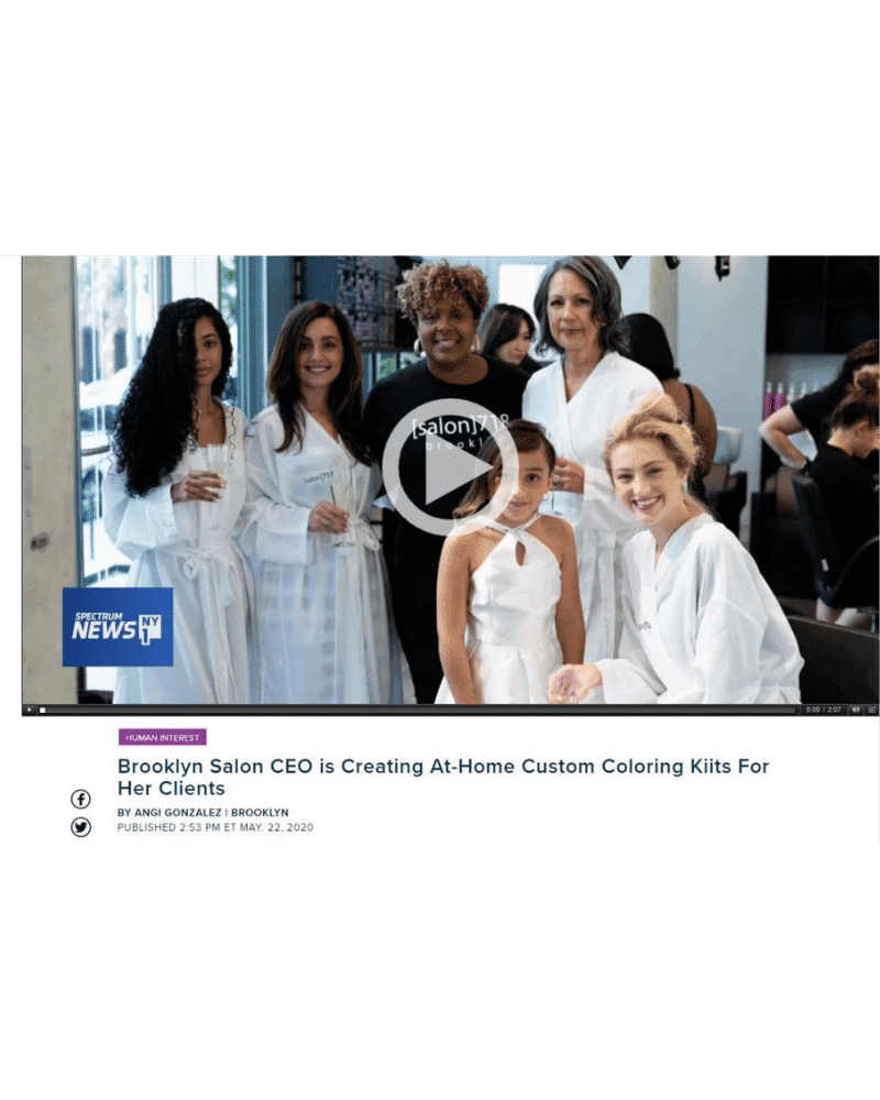 Brooklyn salon team with kids in robes, promoting custom at-home hair coloring kits.