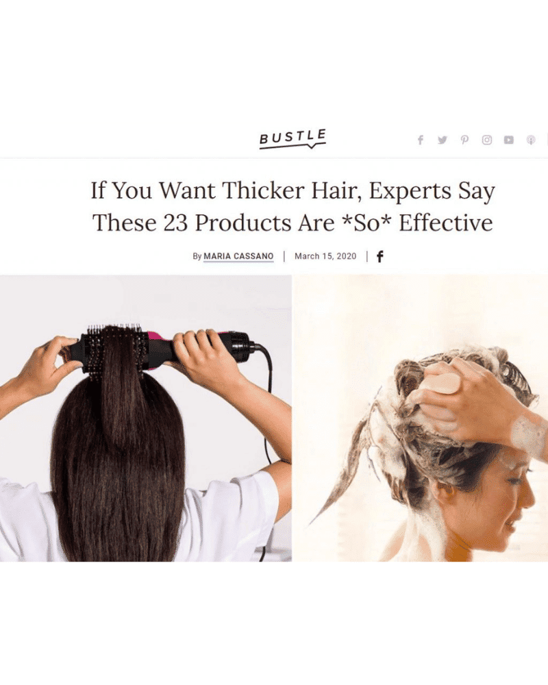 Hair products for thickness; woman using tools and foaming shampoo.