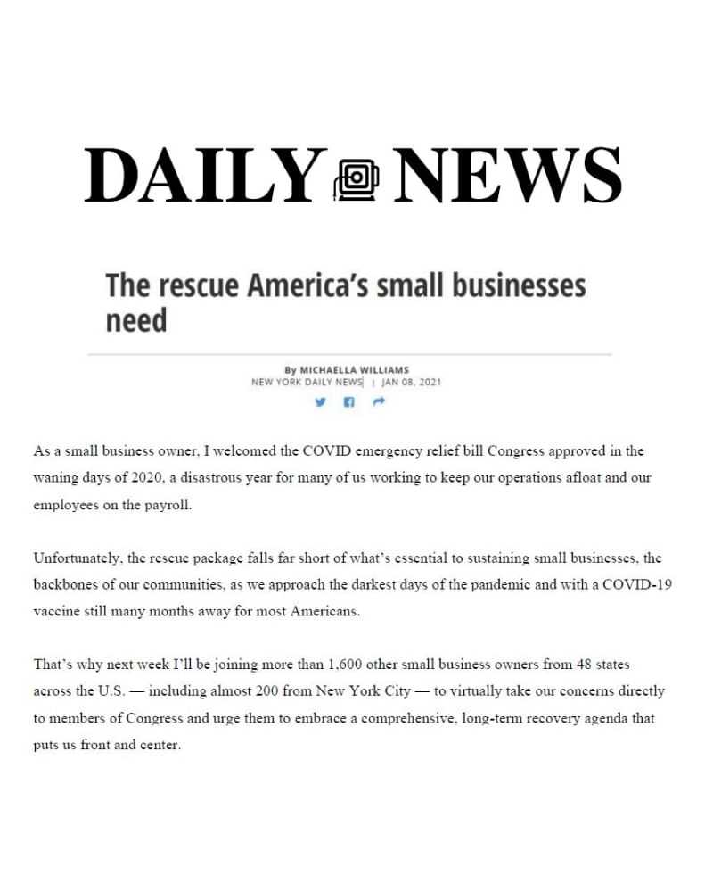 Daily News article on U.S. COVID relief bill for small businesses by Michaella Williams.