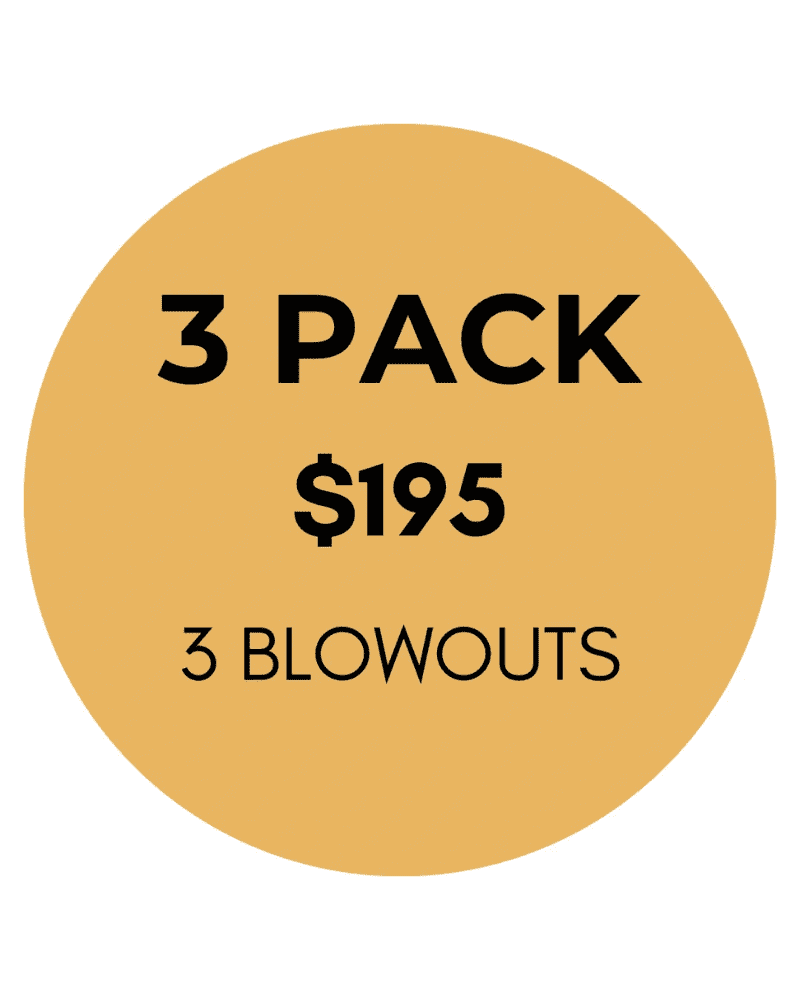 3 pack offer: $195 for 3 blowouts on a mustard yellow circle background.