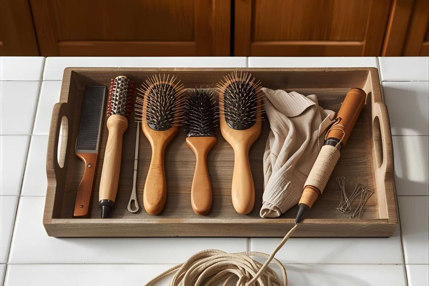 Wooden tray with hairbrushes, comb, hair dryer, and hair accessories on a tiled surface.