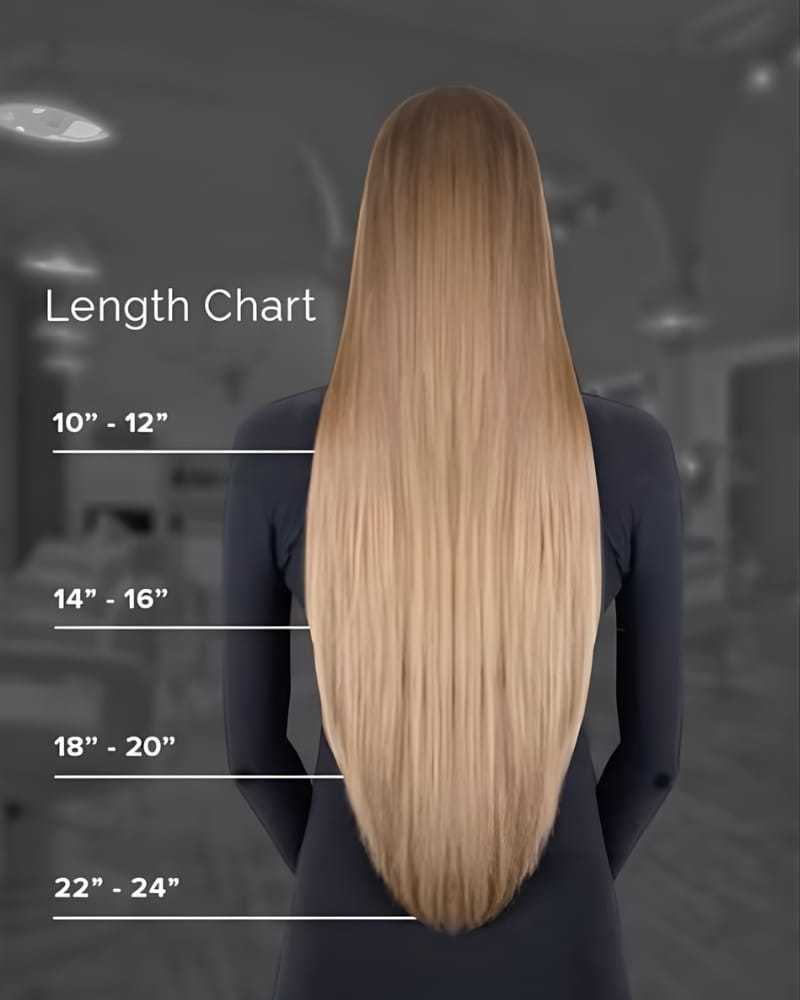 Long straight hair with length chart from 10 to 24 inches, displayed in a salon setting.