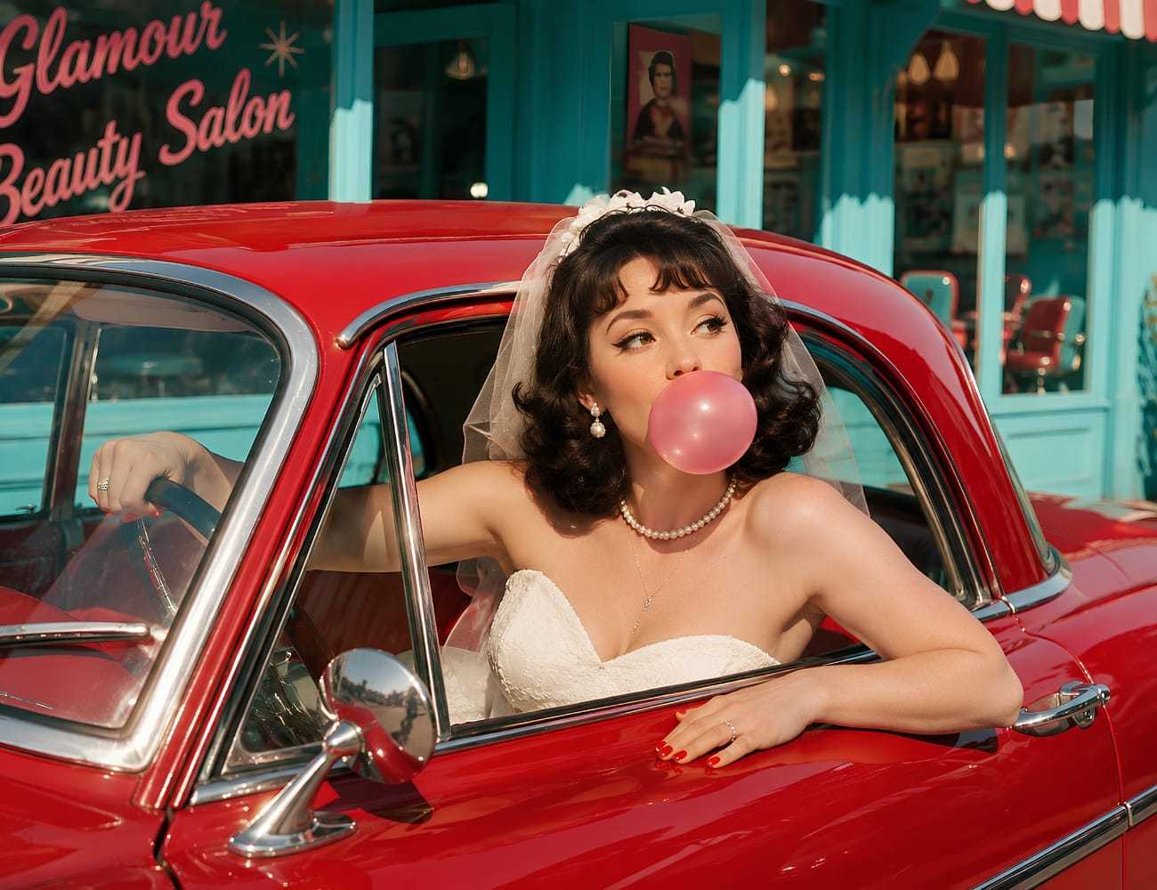 Bride in retro car blowing bubblegum in front of beauty salon.