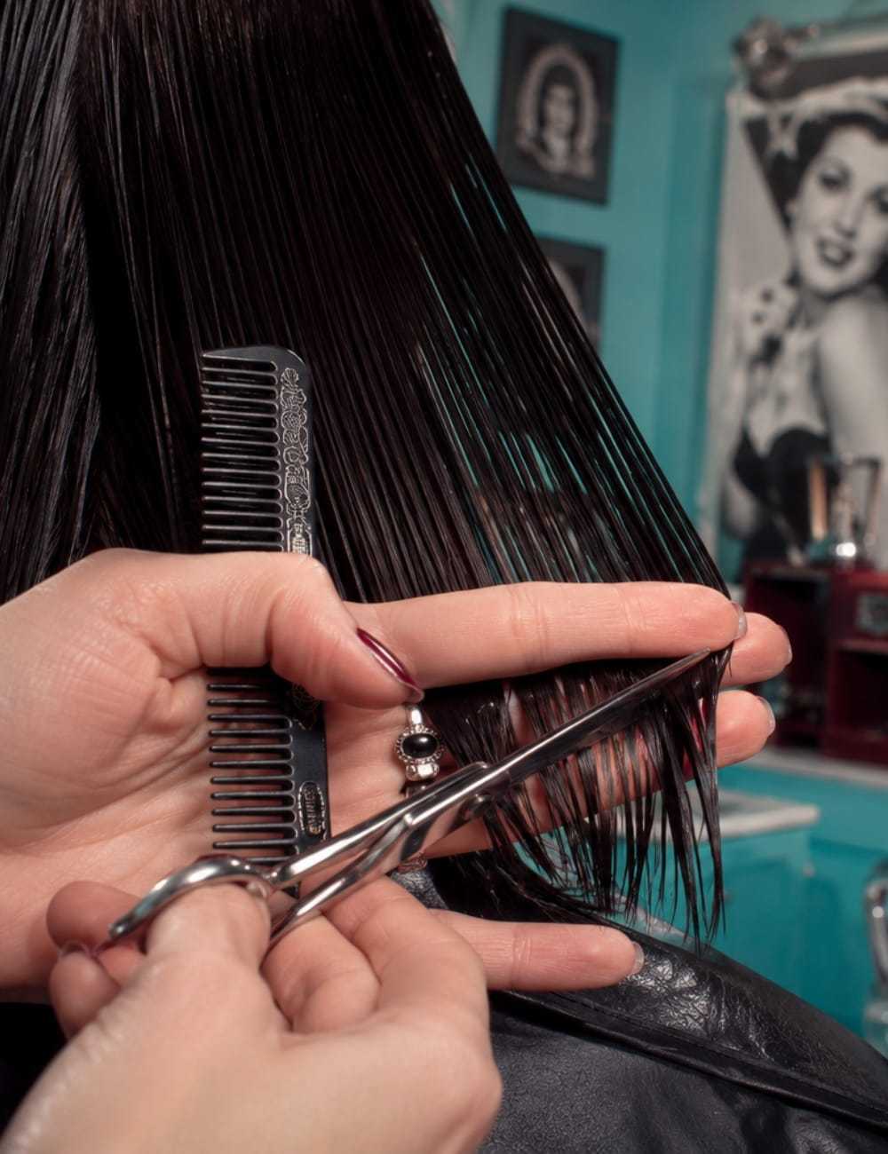 Hair stylist cutting straight dark hair with scissors in a salon setting.