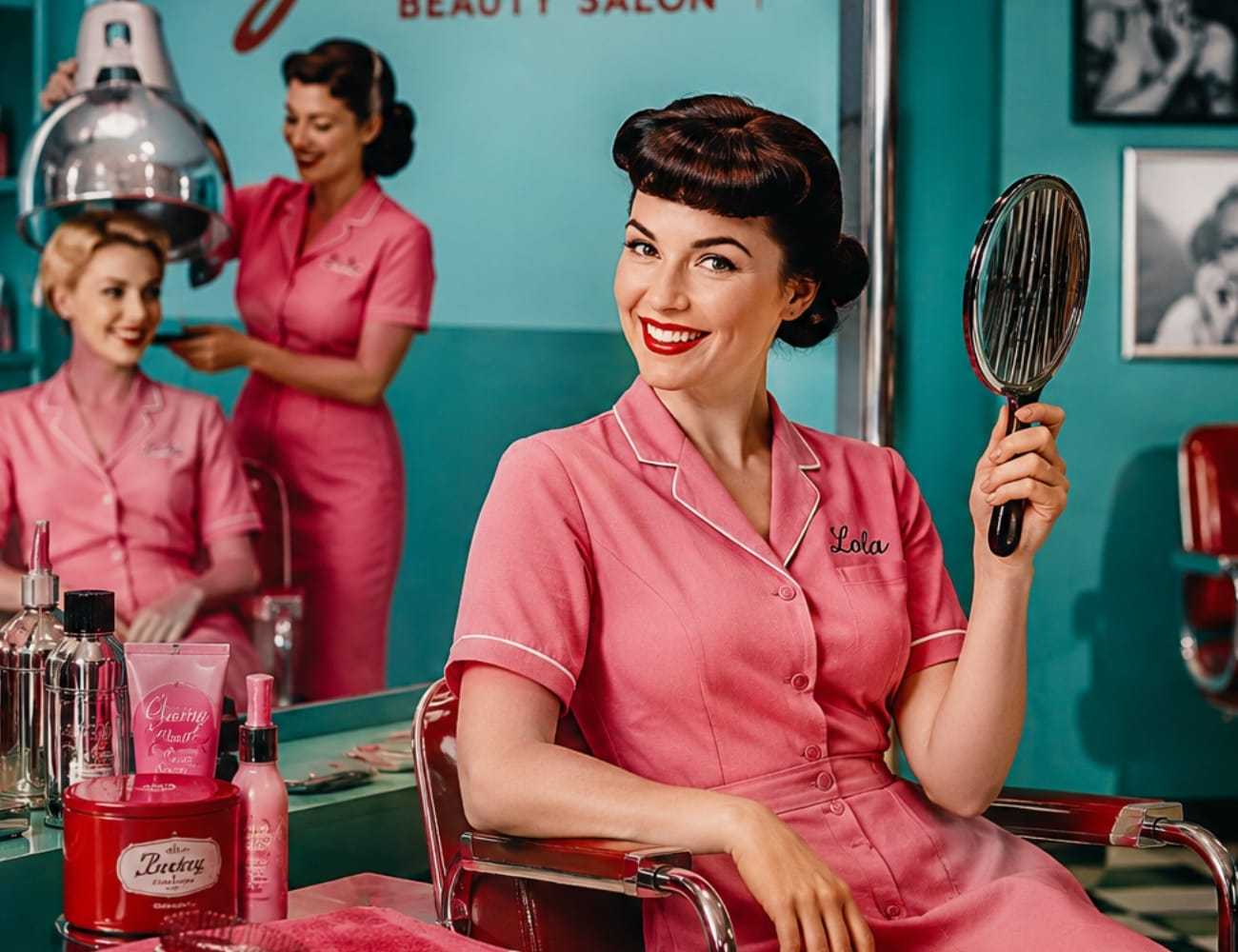 Retro salon scene with stylist drying client's hair, woman smiling with mirror in foreground.