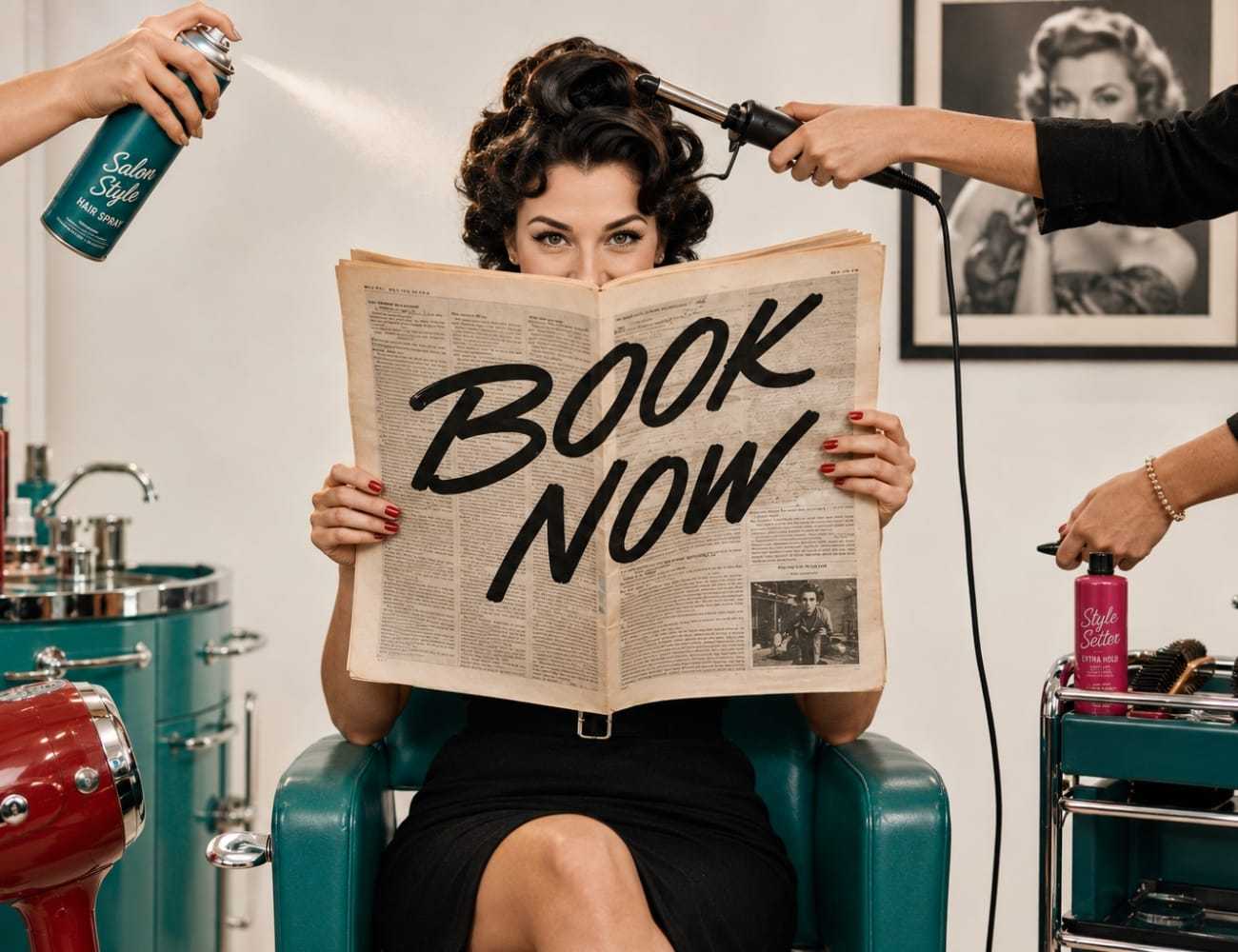 Woman in salon chair reading newspaper with "Book Now" headline, hair being styled.
